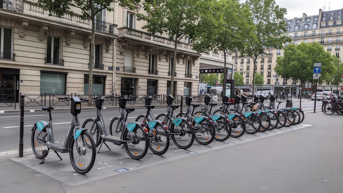 Rental e-bikes and scooters parked in a row at a city hub